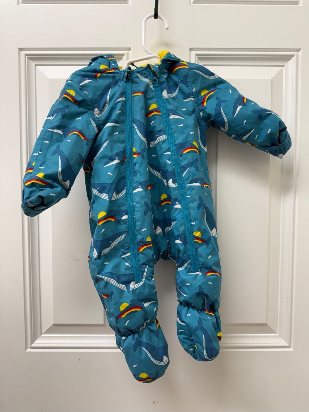 Frugi Whale Print Waterproof Kids One-Piece Footie with Hood